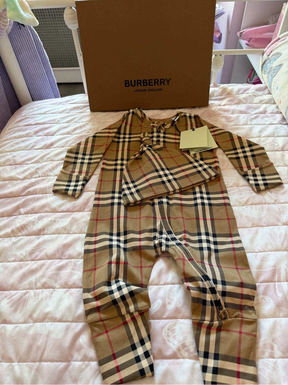 Burberry Beige Nova Check Infant Romper with Matching Hat